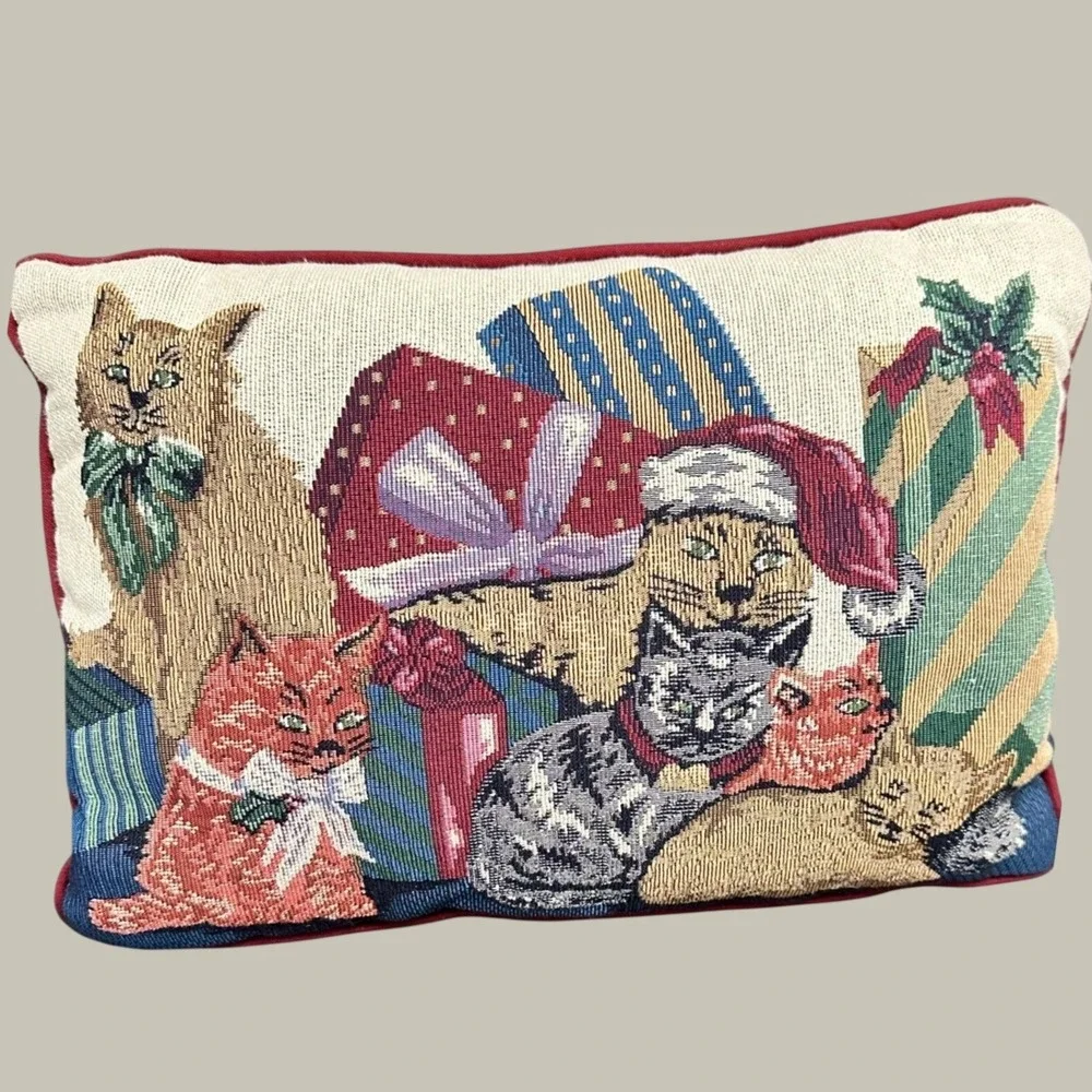 Christmas Cat Tapestry Pillow Multicolor Woven Holiday Santa Hat Presents 16x10